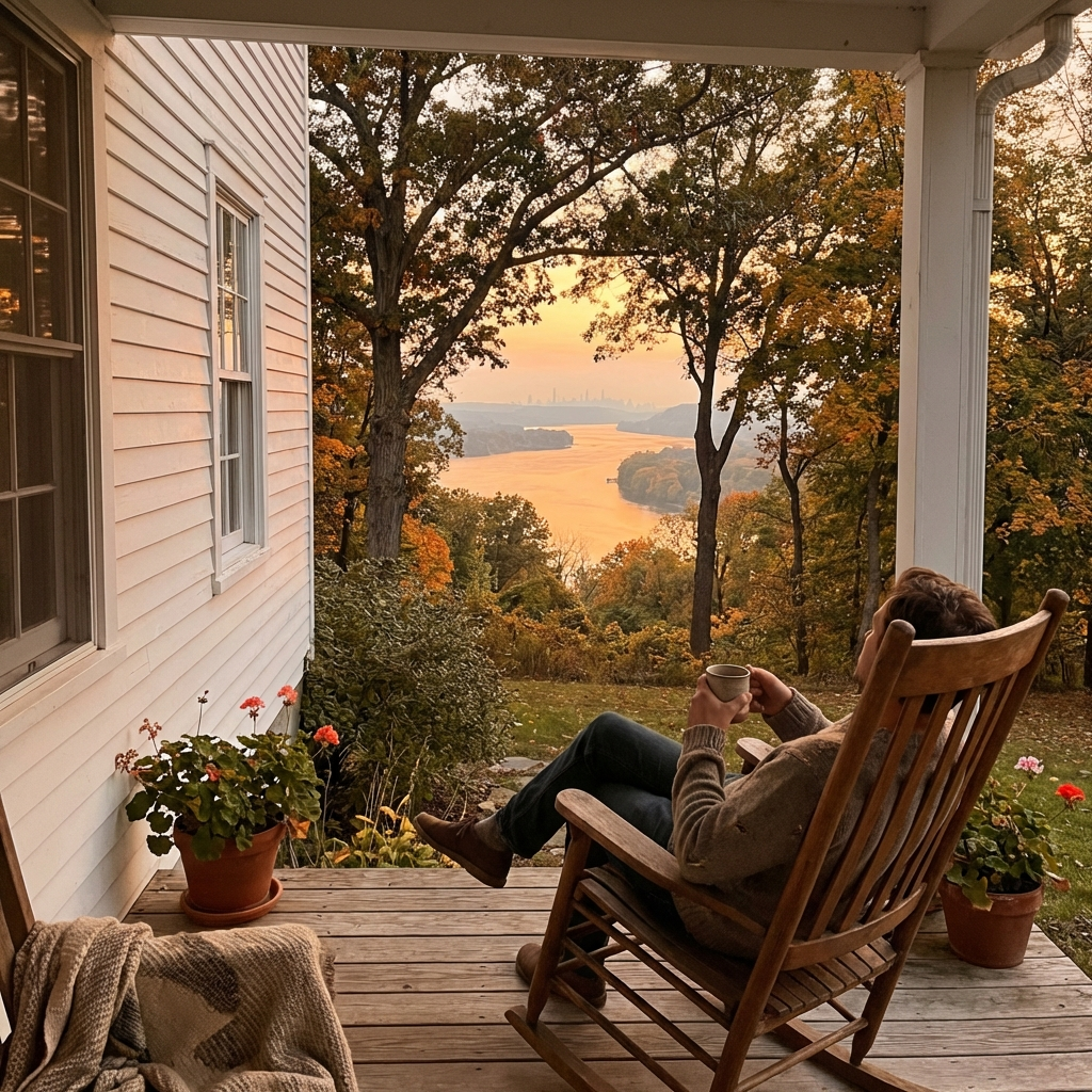 Porch view toward the Hudson River with NYC on the horizon